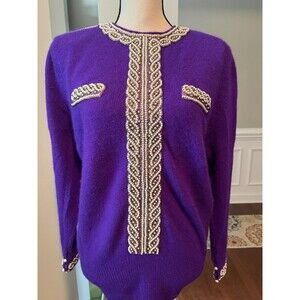 Vintage 1980"s Eddie Dassin Lambswool/Angora Beaded Sweater Purple Sz L